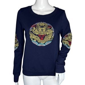 Liebo Sweatshirt Womens‎ Medium Blue Gold Embroidery Japanese Asian Inspired